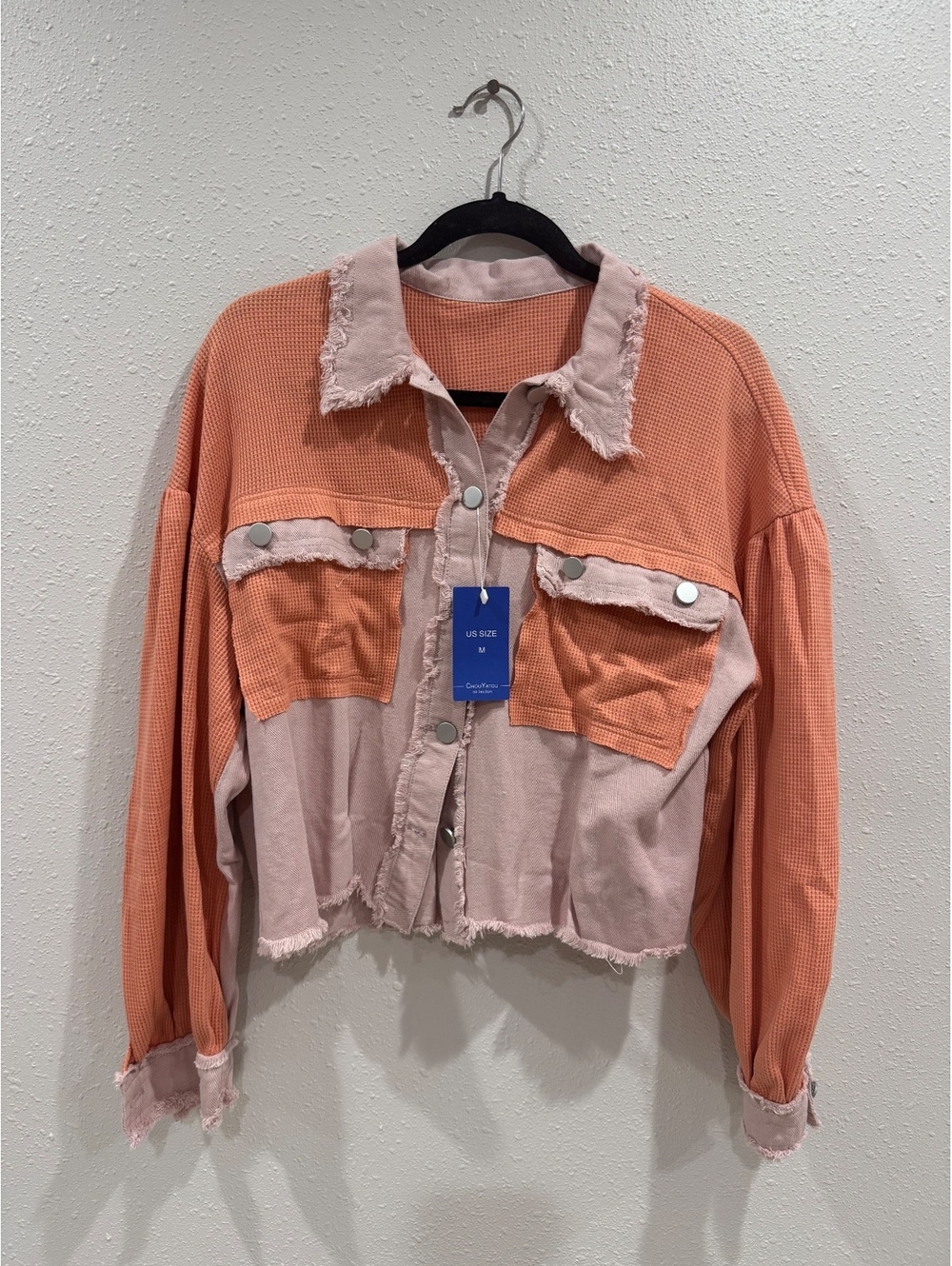 CHOUYATOU Women’s Cropped Colorblock Waffle Knit Denim Shacket Jacket